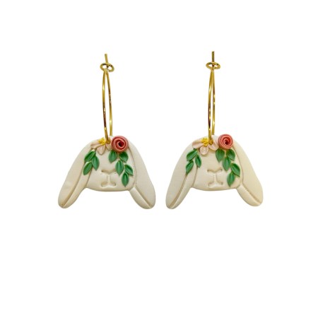 earrings hoops steel gold with white rabbits